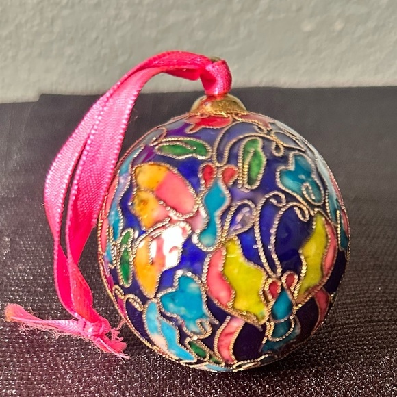 Vintage Cloisonné Butterfly Ball Christmas Ornament Cobalt Blue Enamel All Over - Picture 3 of 4